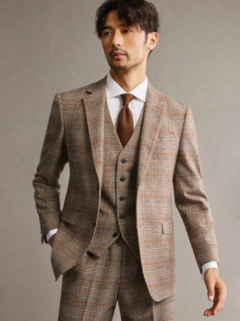 Wool Brown Plaid Suit with Skirt for Men, Extravagant Comfy Fashion Men`s  Suit