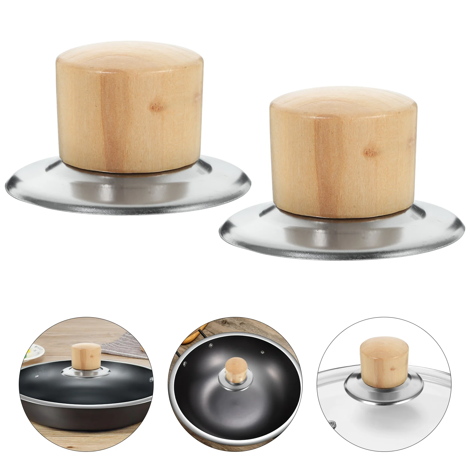 

6 Sets Portable Stainless Steel Pot Lid Accessories Cookware Wood Anti-scald Covering Handles