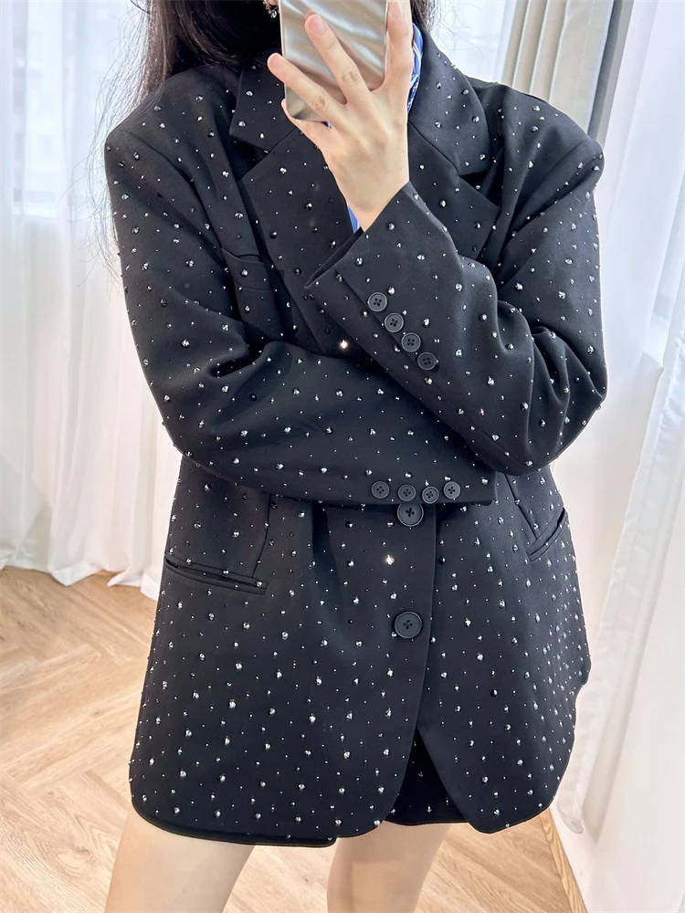 Autumn Designer Women Shiny Diamonds Studded Suit Set Loose Fit Long Blazer Jacket Shorts Party Two Piece Set OL Elegant Suits