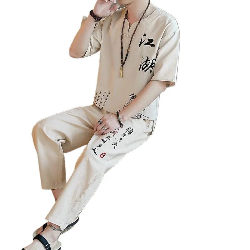 Summer Traditional Chinese Linen Tang Suit Men (Shirt + trousers) Cotton Linen Suit T Shirt Men Kungfu Clothes Tang tai chi clothing chinese men hanfu top