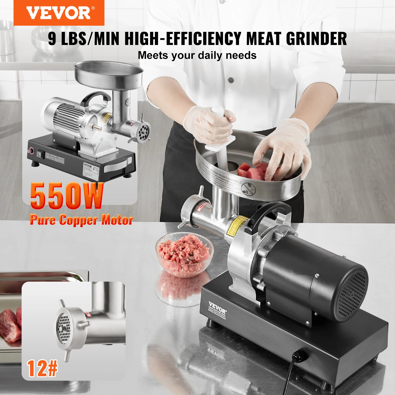 VEVOR Electric Meat Grinder, 9 Lbs/Min Capacity w/ Blade, Grinding Plate, Sausage Maker, Stainless Steel Commercial Meat Mincer 2