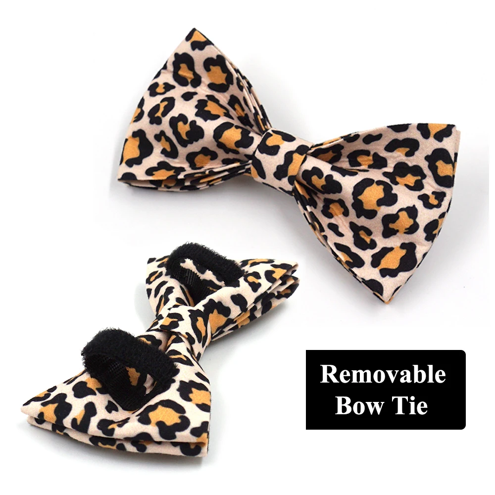 Pet Harness Leash Set Brown Leopard Dog Harness Boy Dogs Engraving Collar Leash Removable Bow Poop Bag Luxury