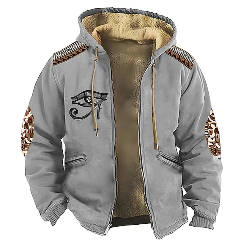 

2023 Winter Zipper Hoodies for Men Fleece Jacket Clothing Tribal Traditional Print Sweatshirts Holiday Outerwear Hooded Clothing