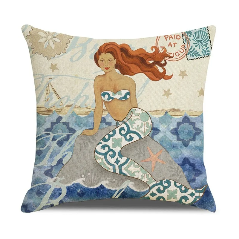 Marine Life Printed Cushion Cover 45x45cm Mermaid Sea Turtle Octopus Seahorse Shells Pattern Pillow Covers Home Decor Pillowcase