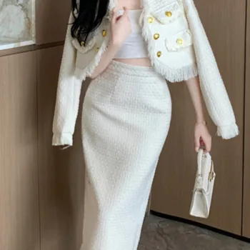 용수철 브이넥 짧은 코트 A라인 미디 스커트, 우아한 태젤 수트, 프렌치 레이디, Y2k 긴팔, 2 피스 세트, 2023 가을 신상