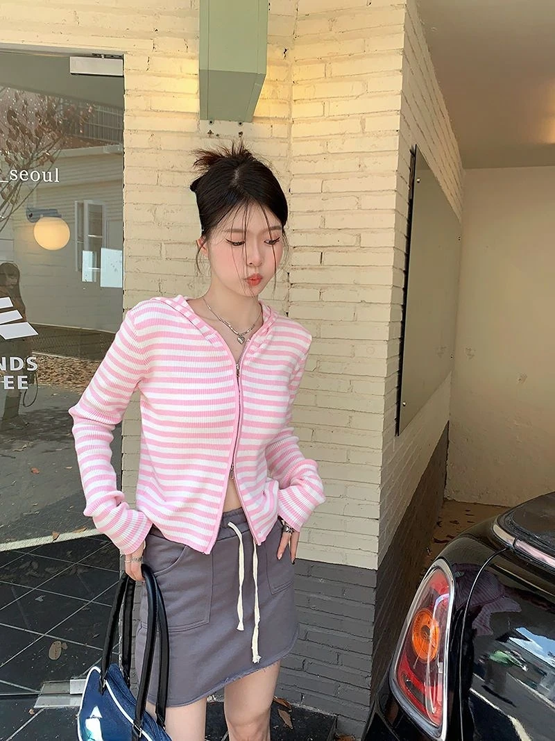 2025 Pink Striped Vintage Y2k Aesthetic Women Cardigan