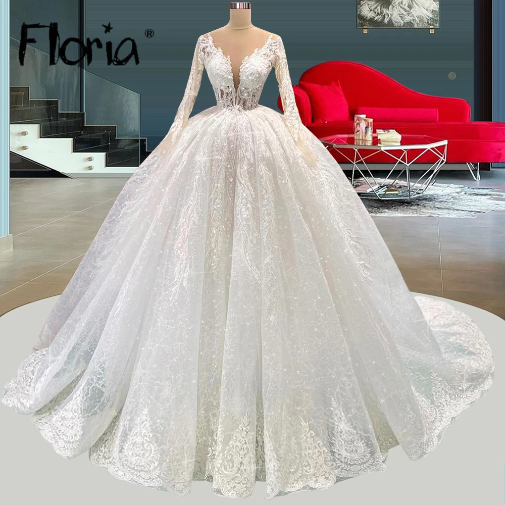 

Luxury Deep V Neck Long Sleeve Wedding Gowns for Women Dubai Style Beaded Crystals Wedding Dress Formal Gorgeous Bridal Gowns