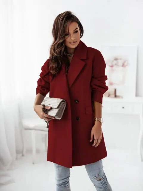 Women's autumn and winter long sleeved suit collar double breasted nickel coat personalized versatile commuting clothing