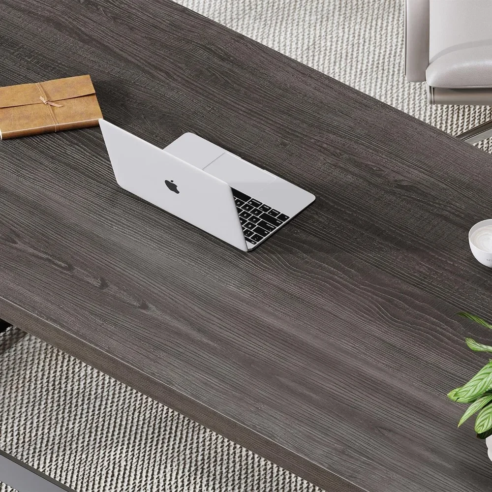 "contemporary metal and wood home office desk, industrial style writing table for study and bedroom, farmhouse inspired executiv