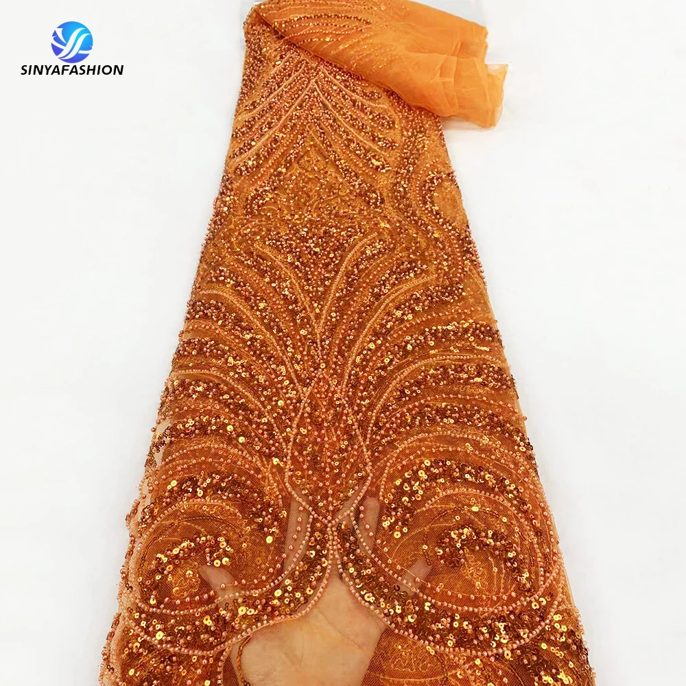 

Tim Orange African Nigerian Lace Fabrics For Wedding Dress Wine Gold Blue Full Pearls Sequins Heavy Beaded Lace Fabrics Luxury