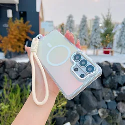 Gradient Color Wrist Strap Bracelet Case with Wireless Charging and Magnetic Cover - Galaxy S23 Ultra (White)