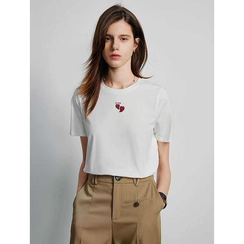 TOYOUTH Women T-shirt Summer New Love Pattern Embroidered Pure Cotton 5A Antibacterial Tops