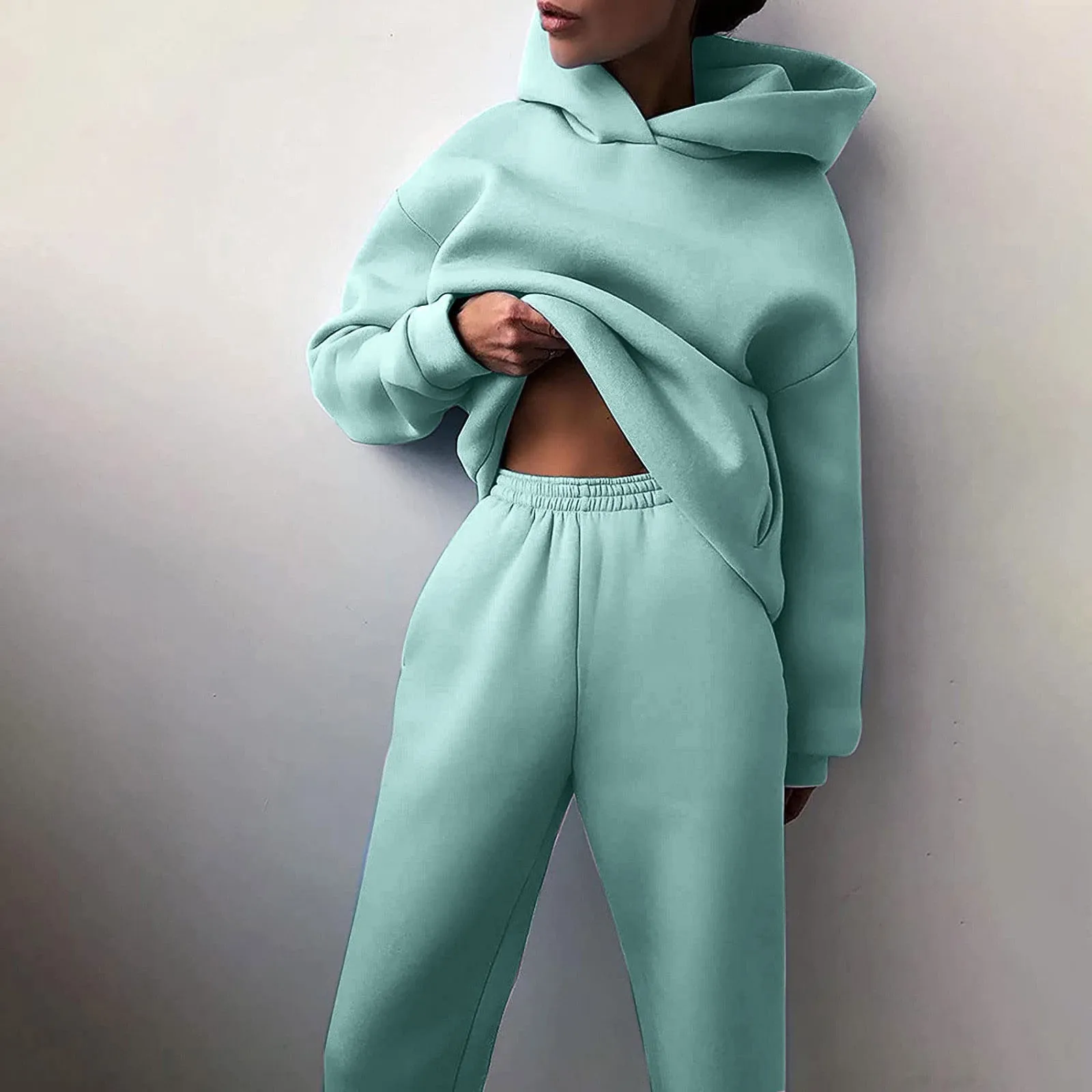 

2pc Dress Pant Suits For Women Solid Solor Casual Fashion Long Pants With Thick Long Sleeve Hoodie Suit