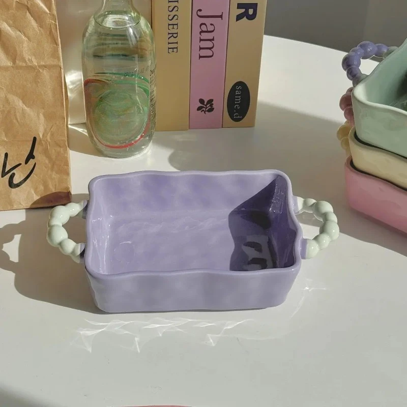 Sinple Cheese Baked Rice Baking Tray Ceramic Double Ear Handheld Pattern Baking Bowl Household Microwave Oven Dessert Plate