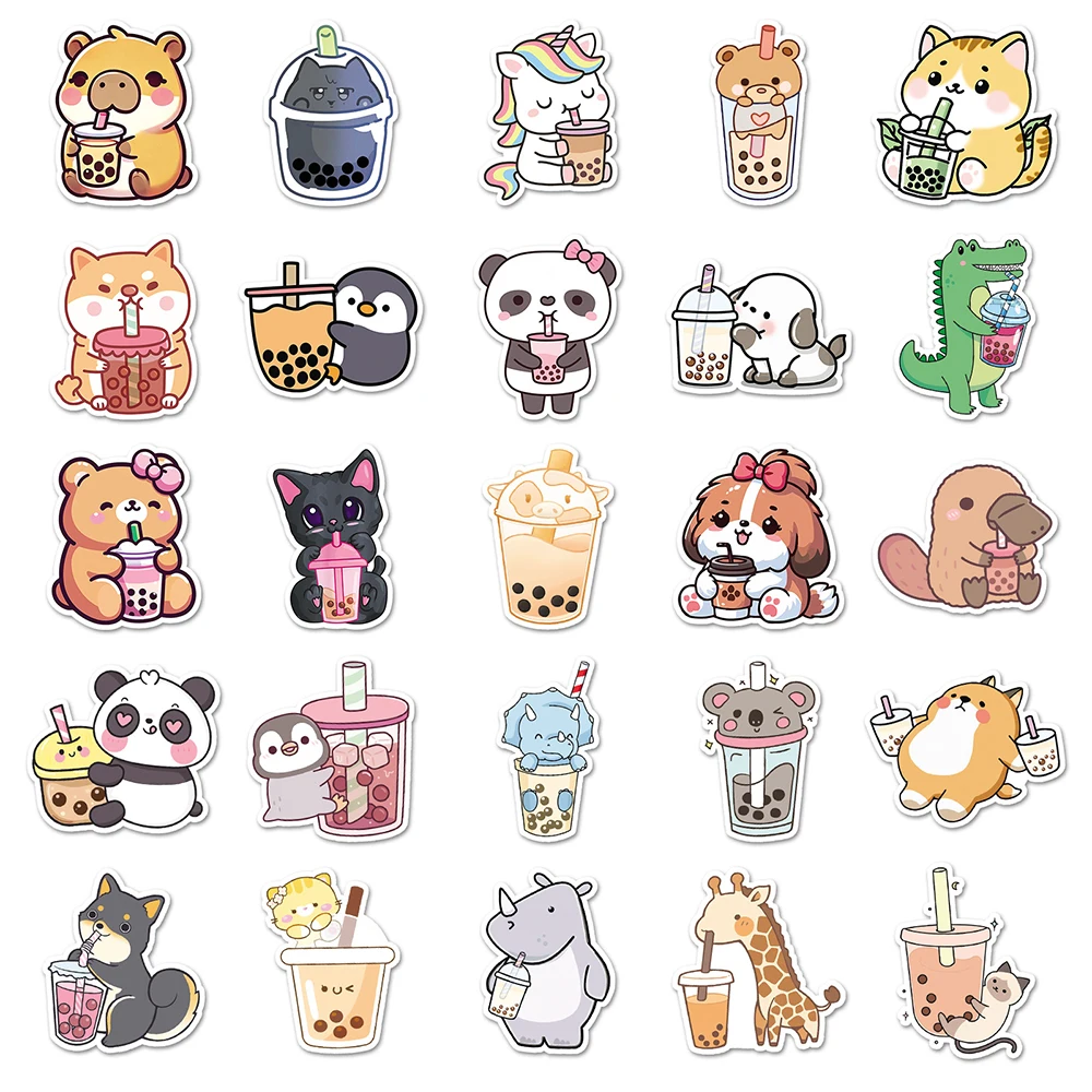 Cute Cartoon Animal Boba Tea Graffiti Stickers - Fun Decorative Decals for Suitcase, Guitar, and Laptop