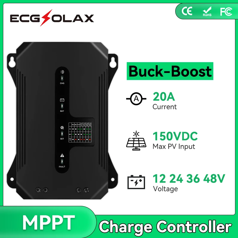 

ECGSOLAX 20A Buck-Boost MPPT Solar Charge Controller 12V 24V 36V 48V Battery Auto Solar Panel Regulator MAX 150VDC LED indicator