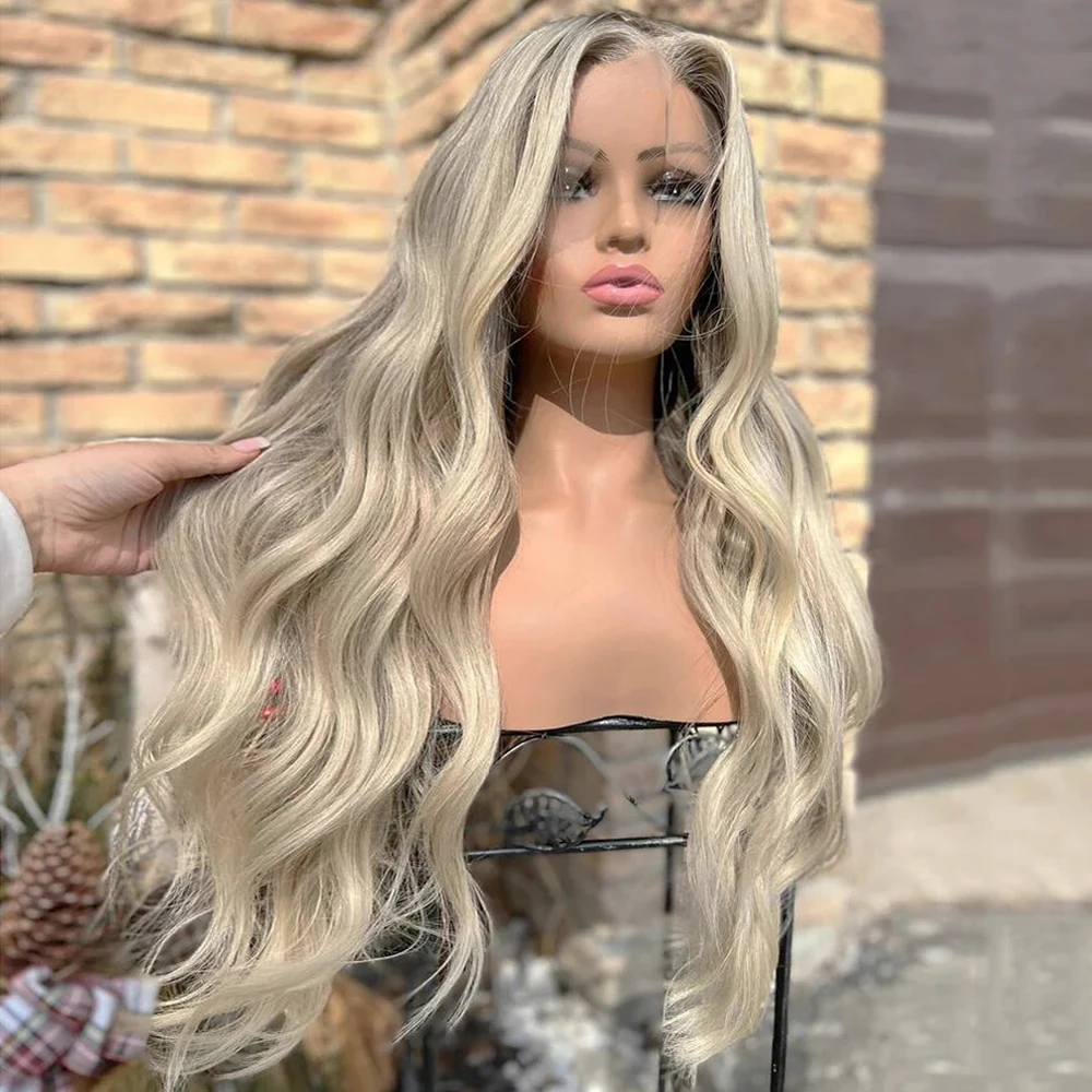 RONGDUOYI Ombre Ash Blonde Wave Hair Synthetic Wig Highlight Natural Hairline Heat Fiber Lace Front Wigs for Women