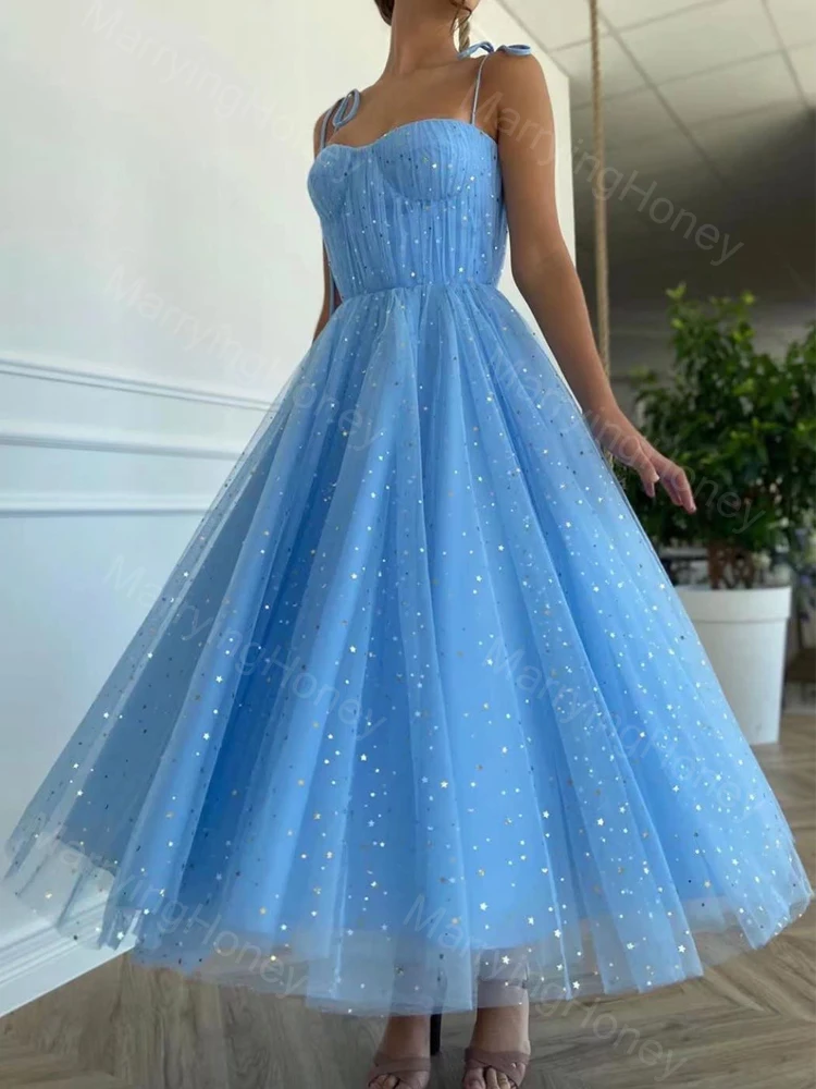 

Women's Sparkle Starry Tulle Tea-Length Prom Dress Sweetheart Sleeveless Adjustable Spaghetti Straps Formal Evening Party Gown