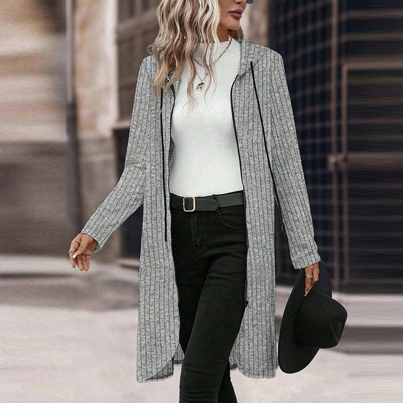 

2023 New Long Women's Coat Top Fashion Elegant Office Hooded Drawstring Zipper Coast Retro Casual Solid Slim Jacket Clothing