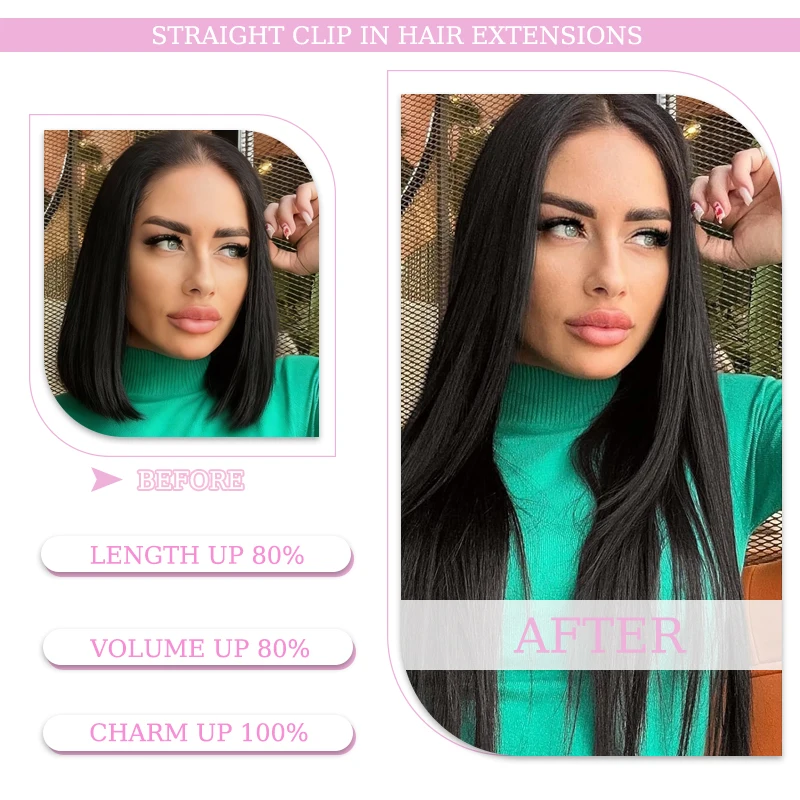 Black Hair Extensions Wig Straight 4 Clips in Hair Extensions Hairpiece Synthetic Fluffy Hair for Women All Occasions Use 24inch