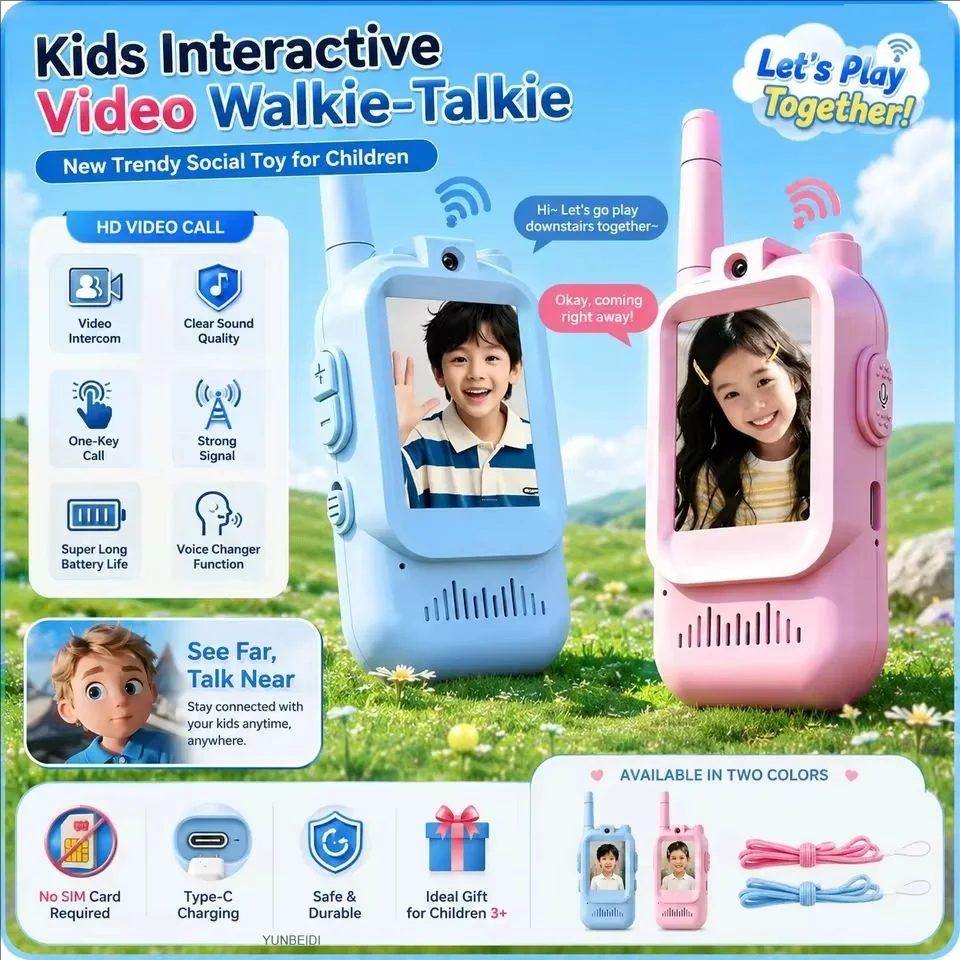 Walkie Talkie Video per Bambini, Confezione da 2, Ricaricabili, Giocattoli per Bambini per Campeggio, Viaggi, Regali di Compleanno per Bambini dai 3 ai 12 Anni - immagine 2