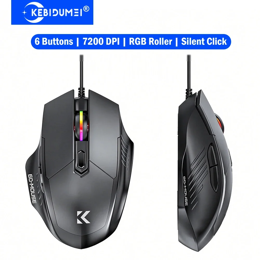 KEBIDUMEI RGB 유선 게이밍 마우스 7200DPI 6단계 조절 가능 6버튼 인체공학적 무소음 마우스 플러그 앤 플레이 노트북용 Win MacOS RGB Wired Gaming Mouse 7200DPI 6-Level Adjustable 6 Buttons Ergonomic Silent Mice Plug and Play for Laptop Win MacOS