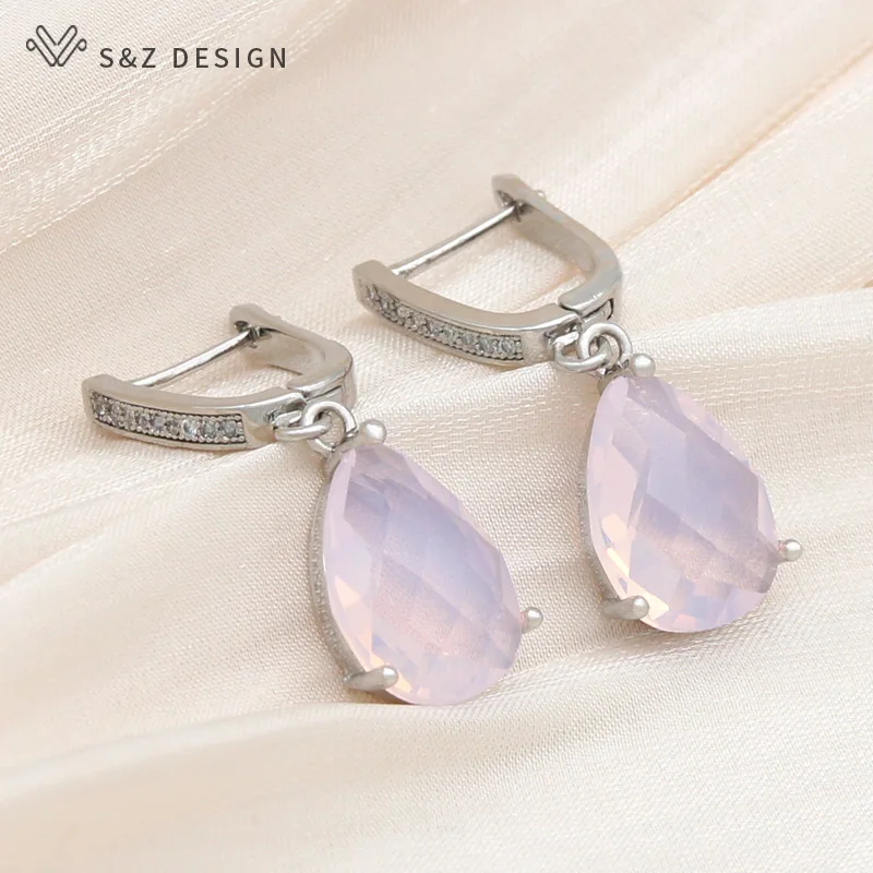 S&Z DESIGN New Fashion 585 Rose Gold Color Water Drop Cubic Zirconia Dangle Earrings For Women Wedding Party Classic Jewelry