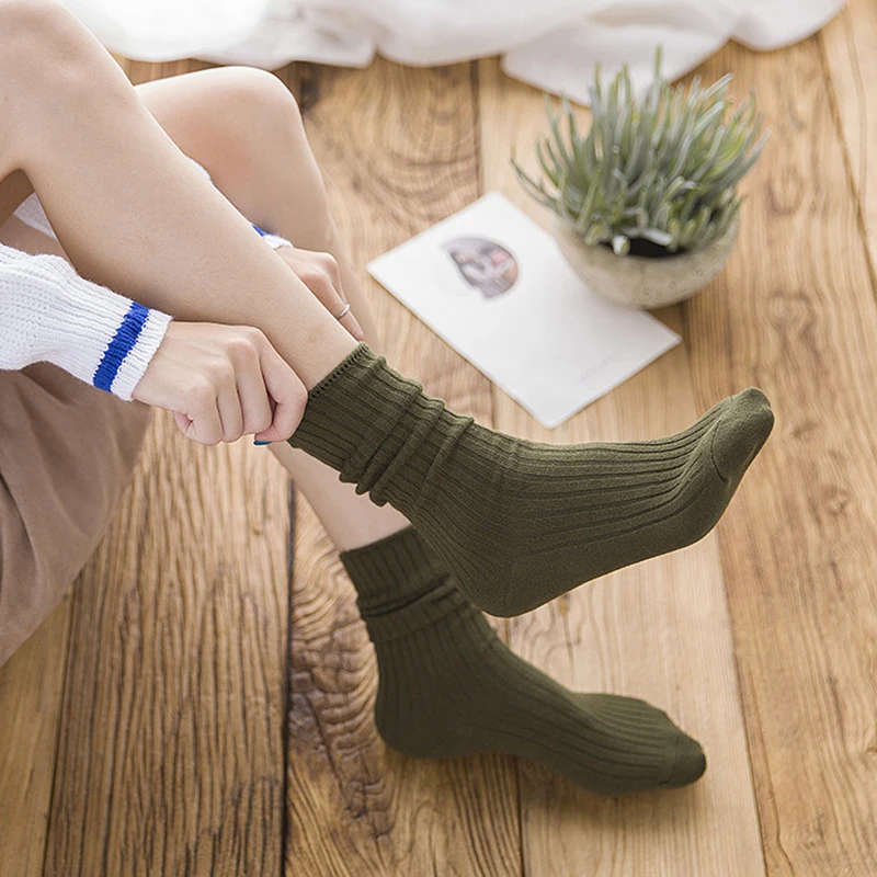 1 Pair Retro Women Cotton Loose Socks Autumn Winter Knitting Solid Color Long Black Pink Korean Japanese Student Girls Stockings womens socks