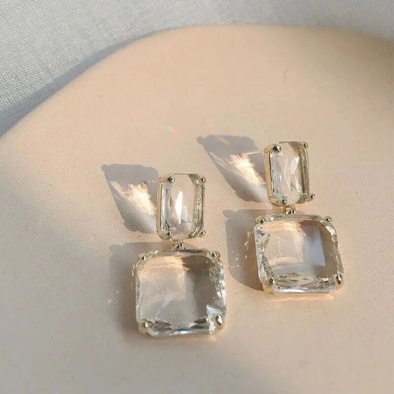 Transparent Square Glass Crystal Pendant Hanging Earring for