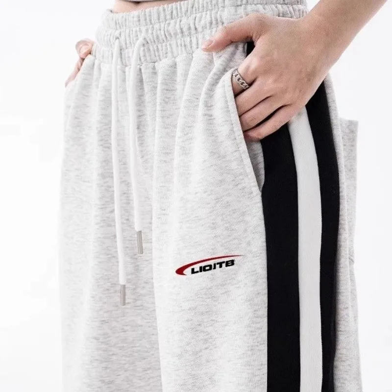 Women's Autumn Winter New England Elastic High-waisted Drawstring Patchwork Contrast Color Pockets Striped Straight Casual Pants