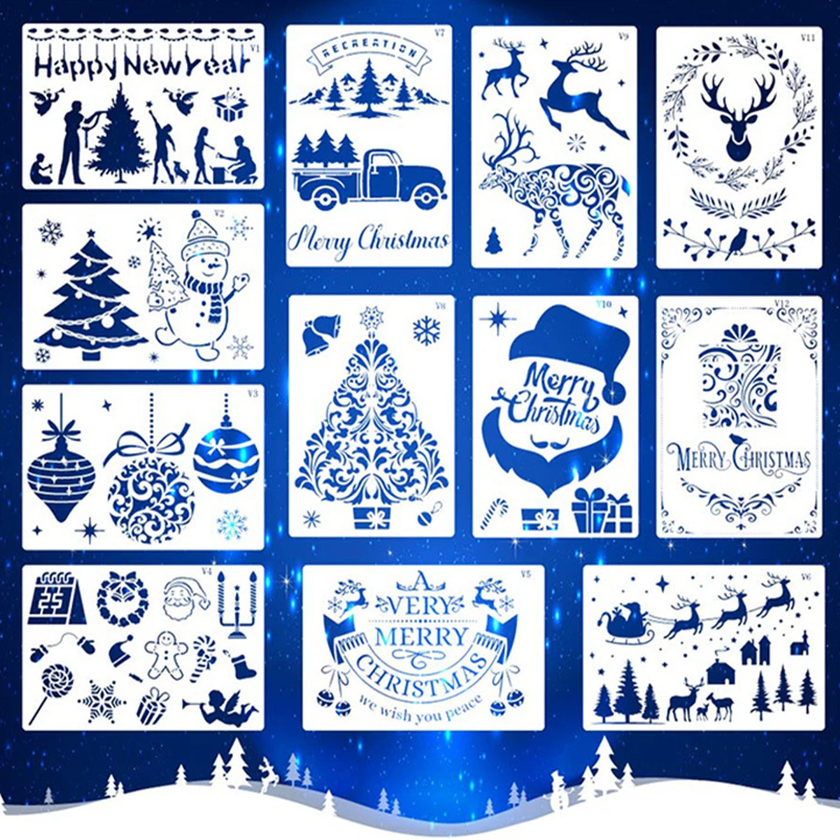 12Pcs Christmas Stencils for Painting on Wood Reusable Christmas