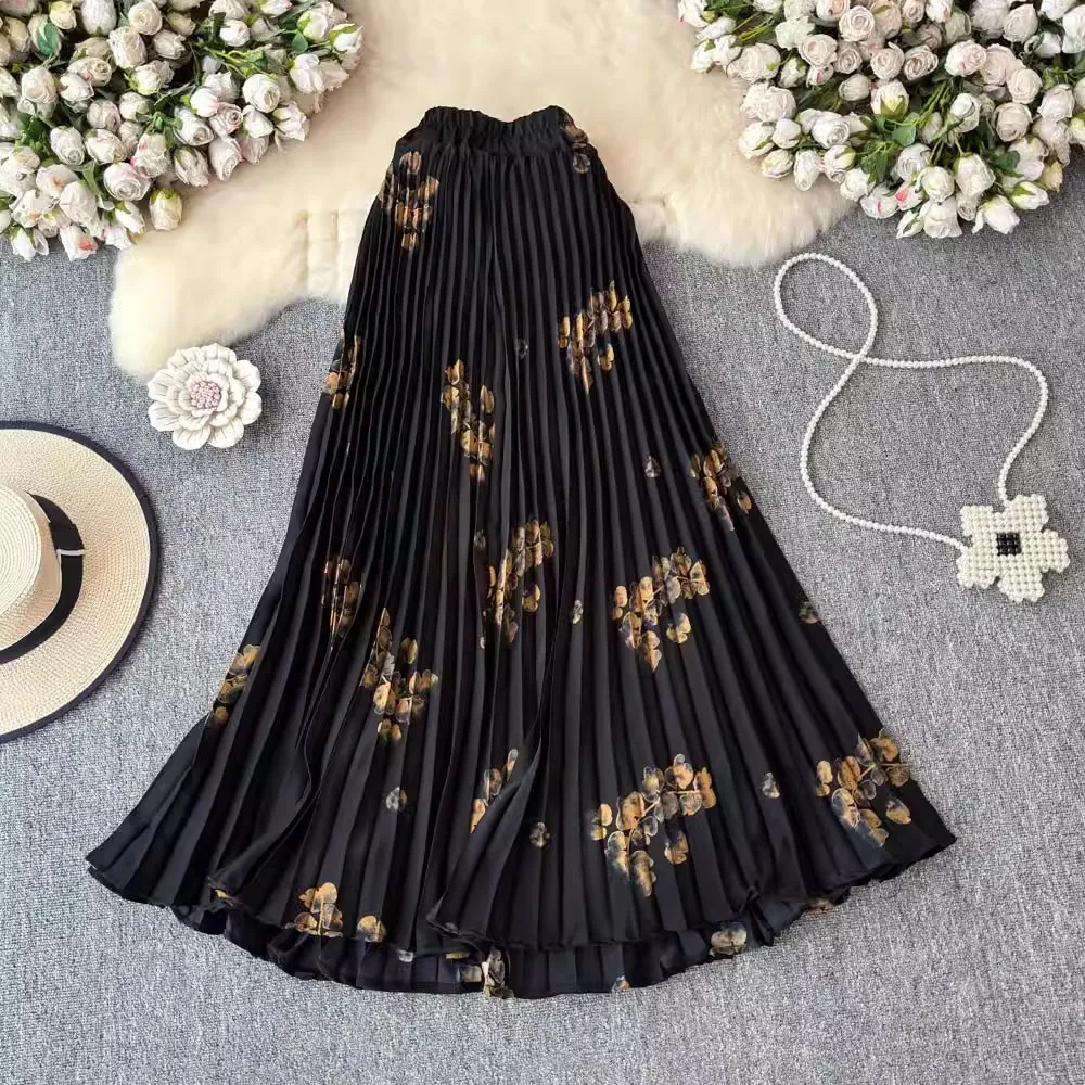 Chiffon Pleated Flower Print Skirts Women Fashion Vintage
