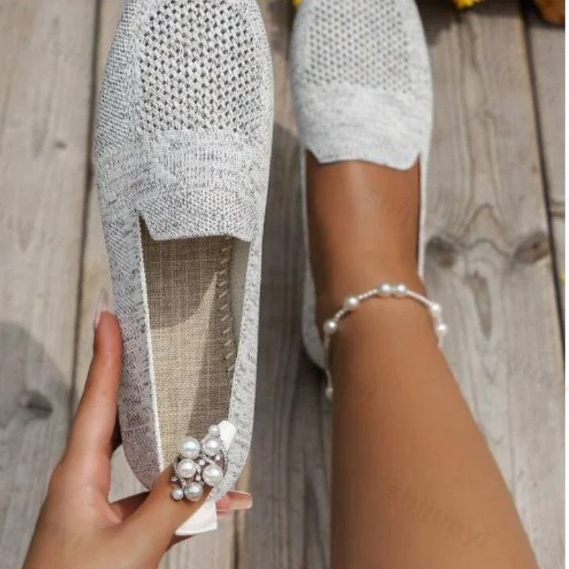 Women Shoes Women Flats Casual Shoes Solid Color Square Toe Mesh Loafers Women Flats Soft Bottom Knit Ballet Flats Casual Slip on