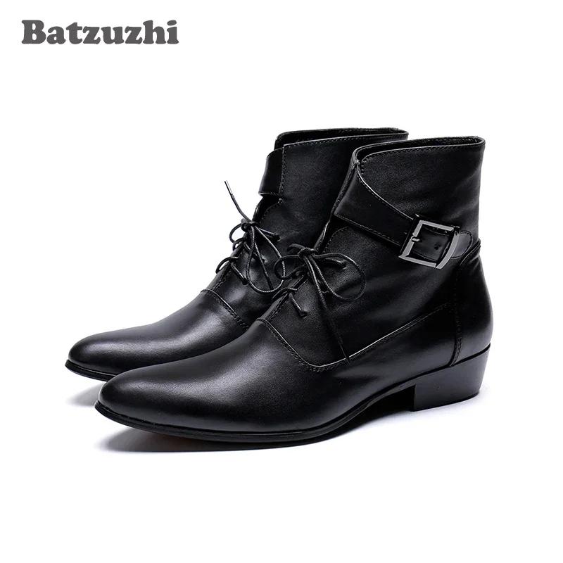 

Batzuzhi Handsome Men Boots zapatos de hombre Black Genuine Leather Ankle Short Boots Lace-up Buckles Fashion Boots for Men!