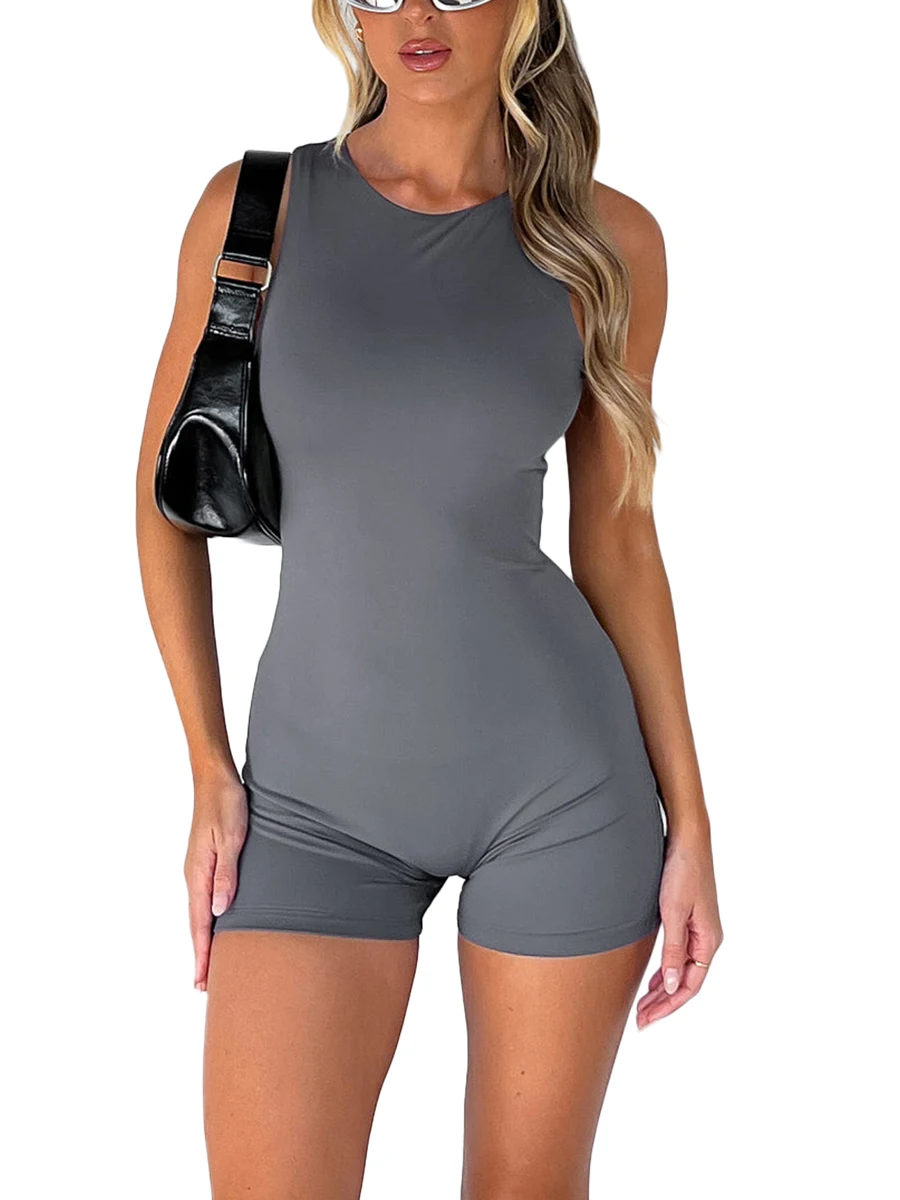 

Women's Summer Yoga Short Skinny Jumpsuit Sleeveless Solid Color Workout Bodycon O Neck Slim Romper Bodysuit