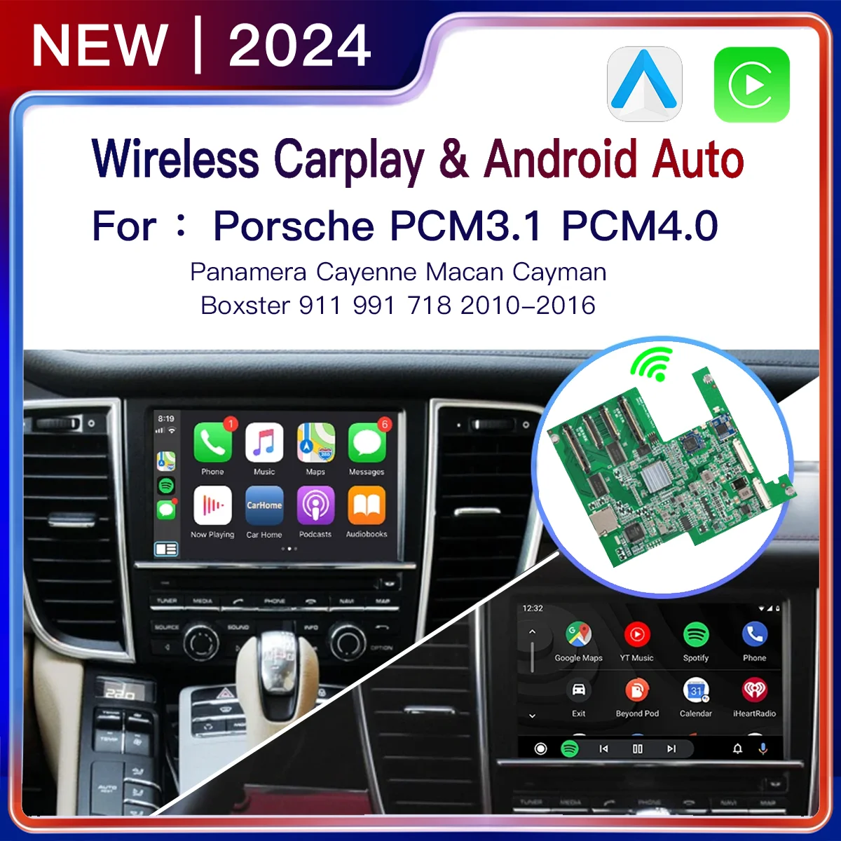 

Wireless Carplay Android auto Module For Porsche PCM3.1 CDR3.1 PCM4.0 Panamera Cayenne Cayman Macan Boxster 911 991 718 Reverse