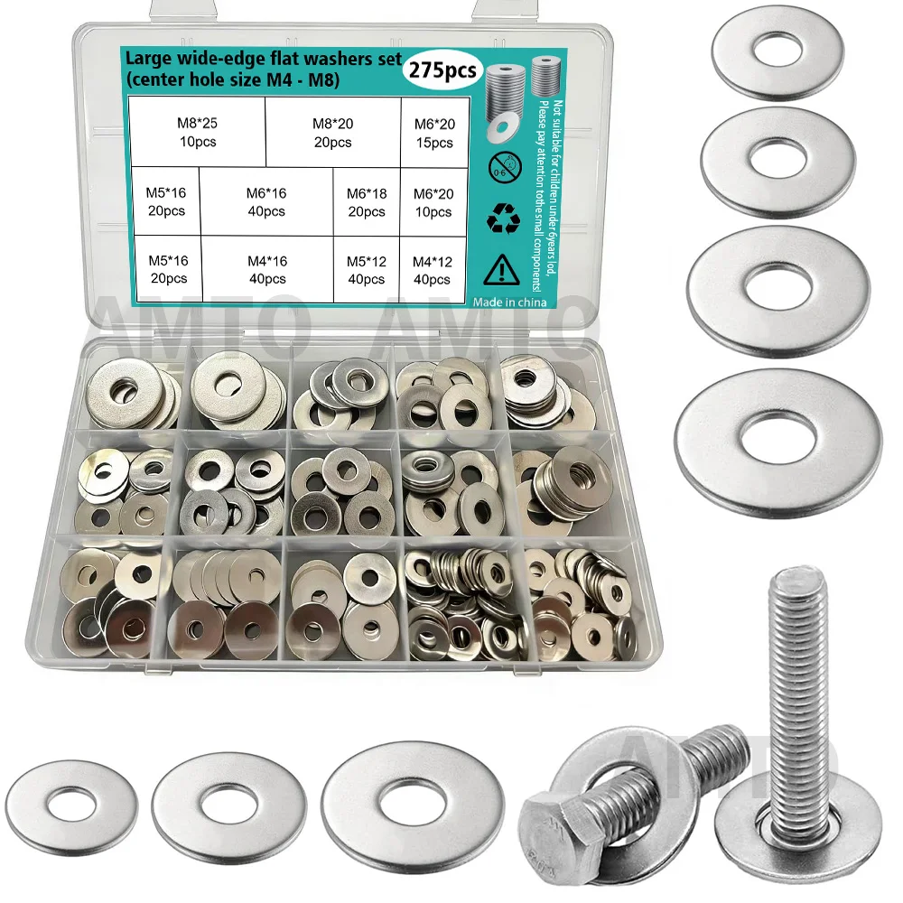 Enhanced Large Wide-Body Stainless Steel Flat Washers - 275 Pieces