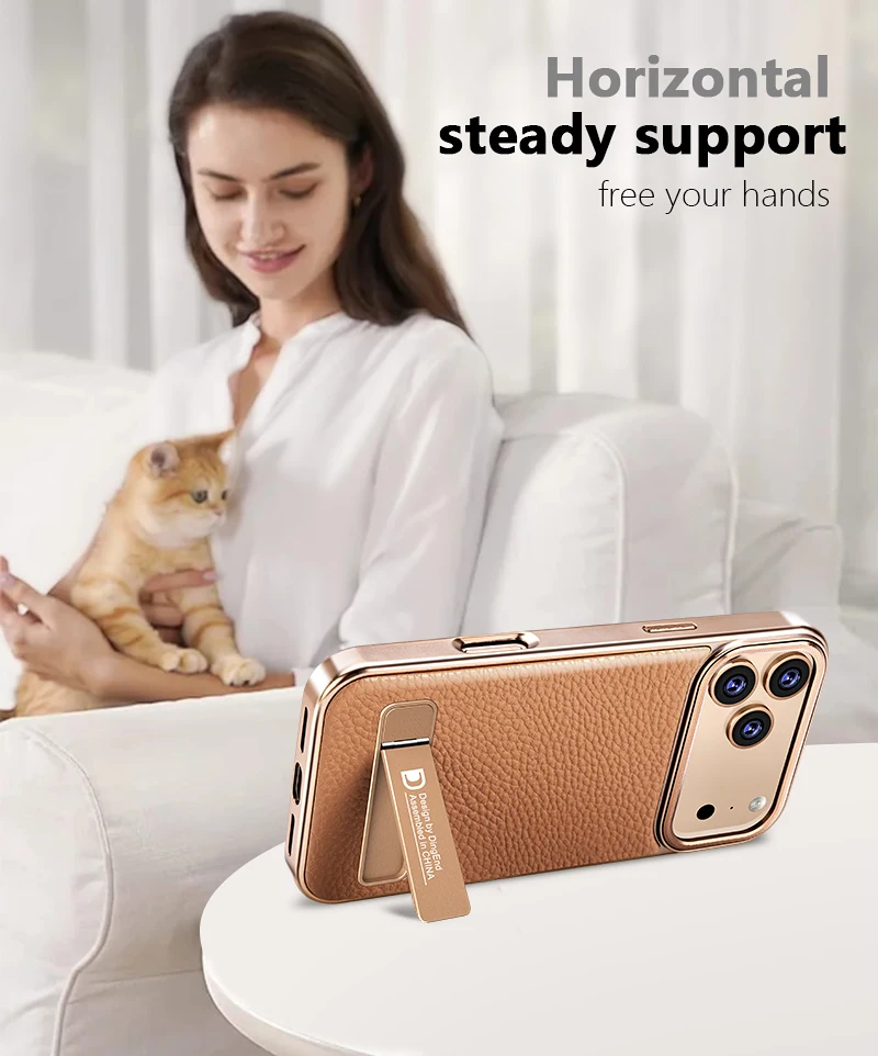 Luxurious Genuine Leather Electroplated Phone Case with Metal Bracket Kickstand and Magsafe Compatibility