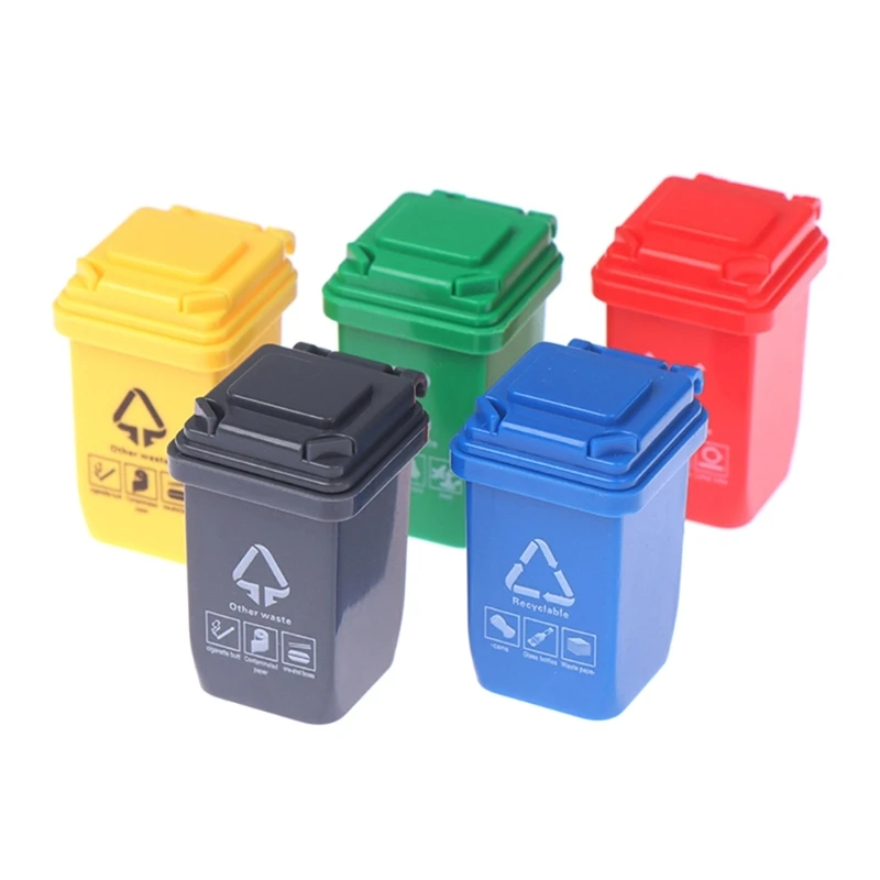 5pcs Mini Sorting Trash Can Dollhouse Furniture Decorations Miniature Garbage Can Model Toy for Kids Rope Play Scene Toy