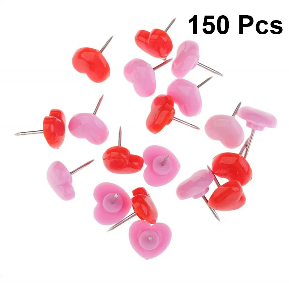 150Pcs 귀여운 하트 모양의 푸시핀 플라스틱 헤드 금속 포인트 맵 태크 게시판용 지도 표시 사진 벽 장식