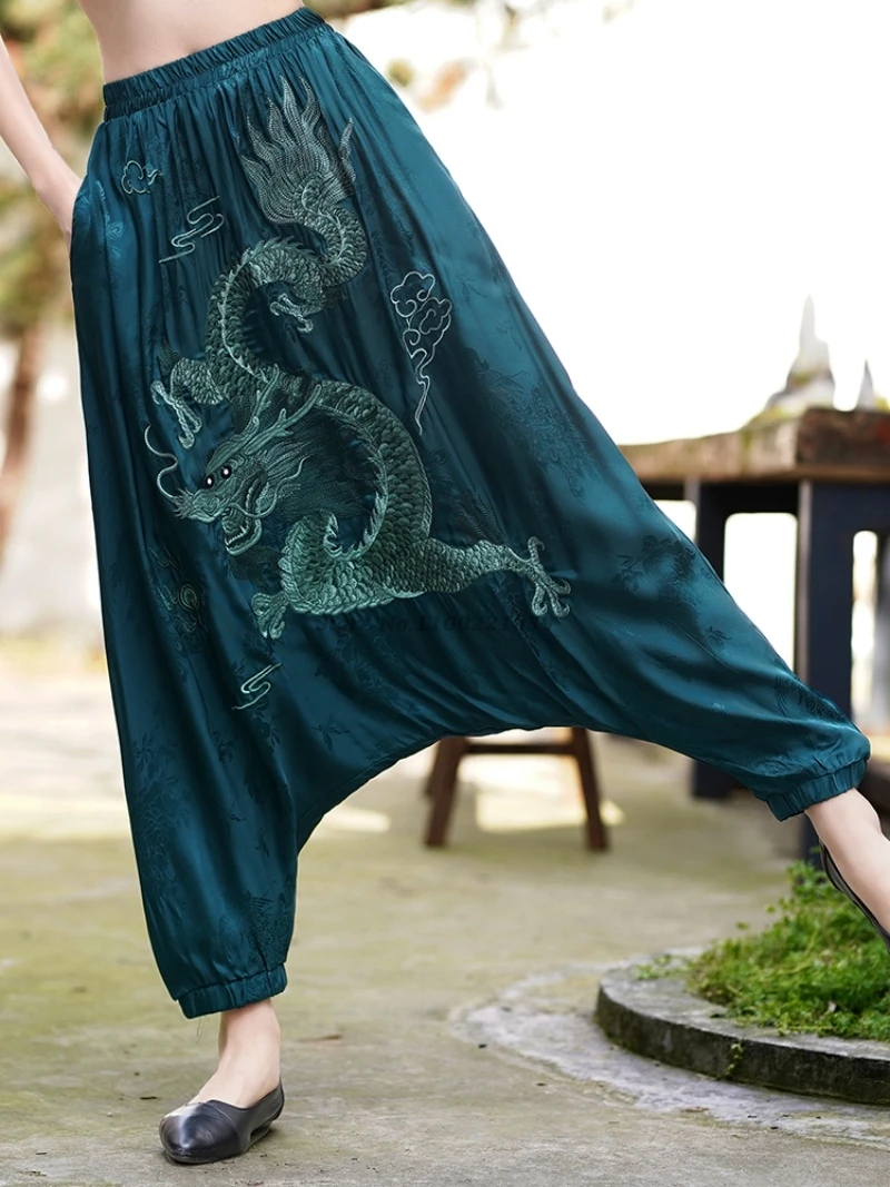 china dragon embroidery bloomers black trousers women national ethnic style vintage harajuku harem pants casual baggy pants women pants