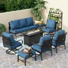 8 PCS Patio Furniture Set，Fire Pit Table,Metal Outdoor，1 x 3-Seat Bench Sofa,2 x Swivel Sofa Chairs,2 x Leg Chair & 2 x Ottoman 1