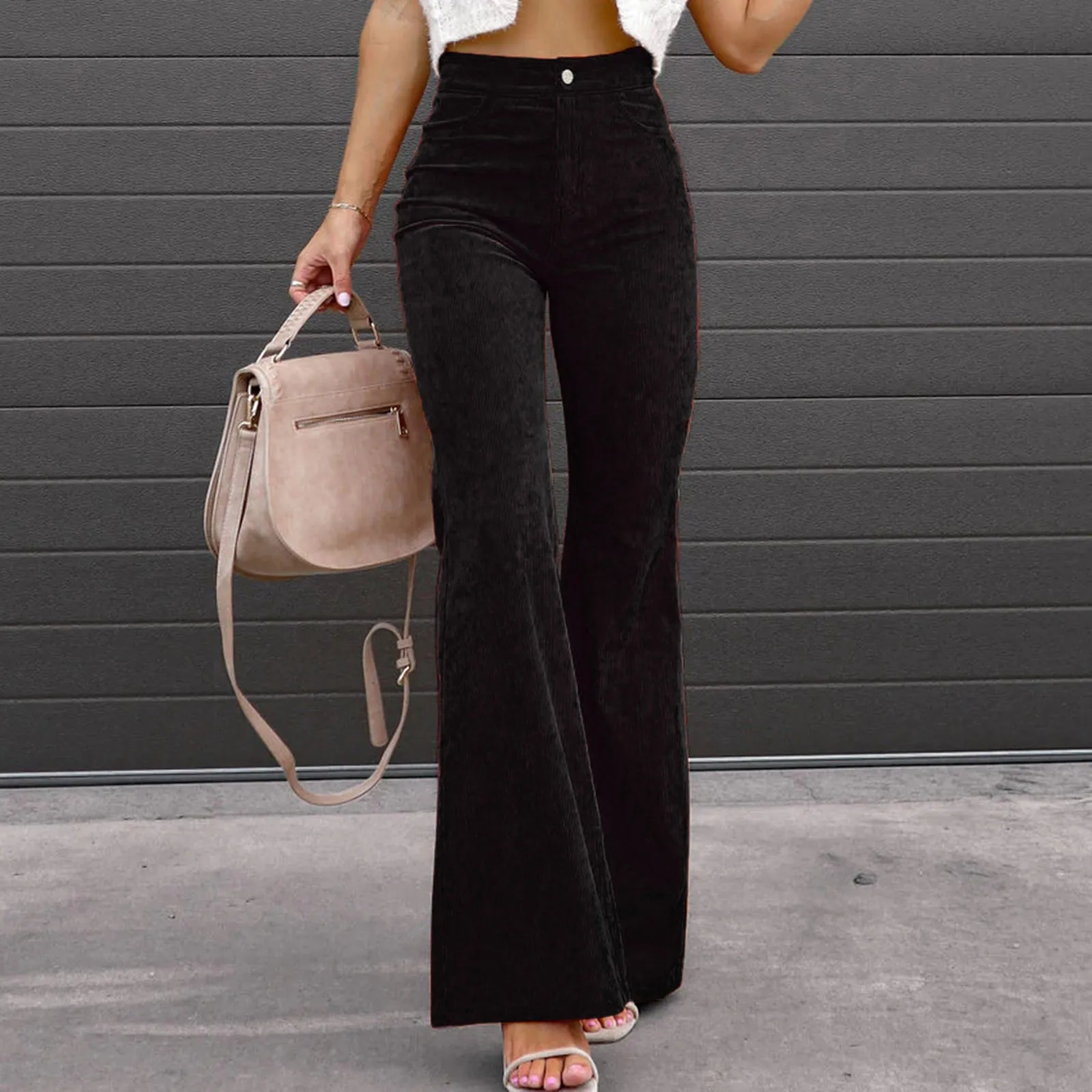 

High Waist Wide Leg Trousers Casual Hipster Streetwear All-Match Women Fashion Elastic Waist Black Flared Pants Solid Color