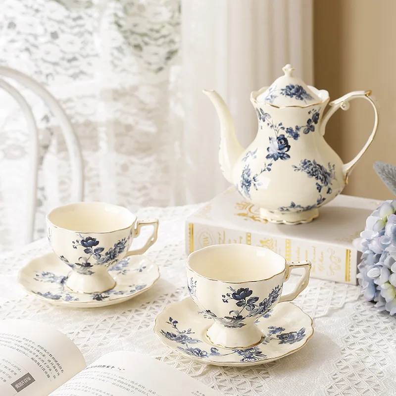 French Retro Ceramic Cup, Plate & Pot Set – Household Court Style Afternoon Tea Coffee Set 1