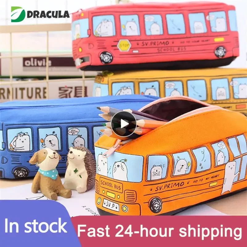 Cartoon Bus Pencil Bag Canvas Large Capacity Car Zipper Pen Pencilcase for Student Stationery School Supplies