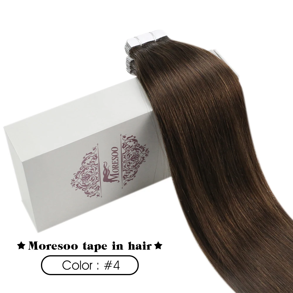Moresoo Tape in Real Human Hair Extensions #4 Dark Brown Natural Remy Brazilian Hair PU Skin Weft Hair Extensions Tape in 4