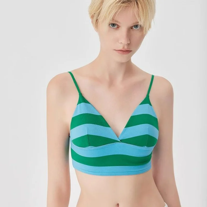 European American Fashion Sexy Stripes Panelled Sports Bra Women High Elasticity Casual Beautiful Back Vest Lingerie Yoga Suit