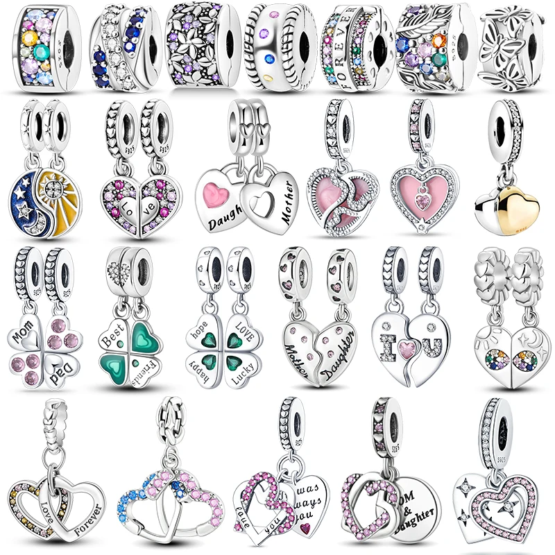 

925 Silver Pair Love Heart Clover Hope Peace Love Pendant Fit Original Pandora Bracelet Charms Beads Necklace DIY Female Jewelry