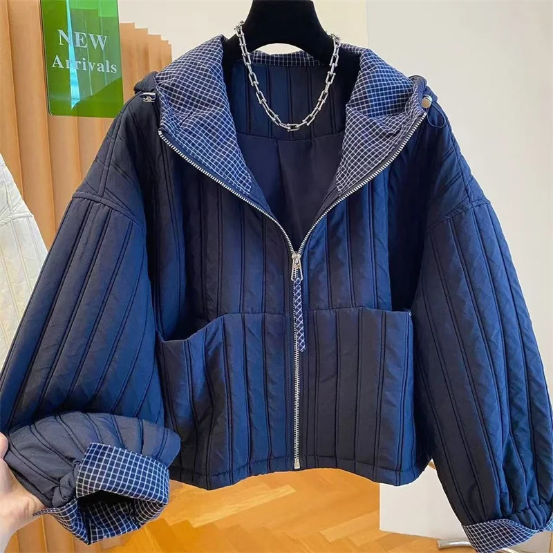 Women's Jacket Hooded Cotton Jacket Women's Plaid Stitching Cotton Jacket Autumn new Thin Cotton Coat in Cotton-padded Jacket