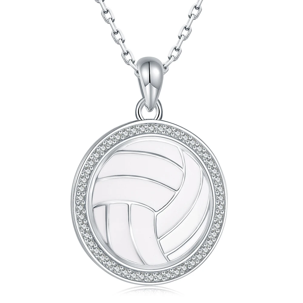 

925 Sterling Silver Volleyball Necklace With White Enamel&Zircon Jewelry Birthday Gifts for Women Daughter Teen Girls Sports Fan